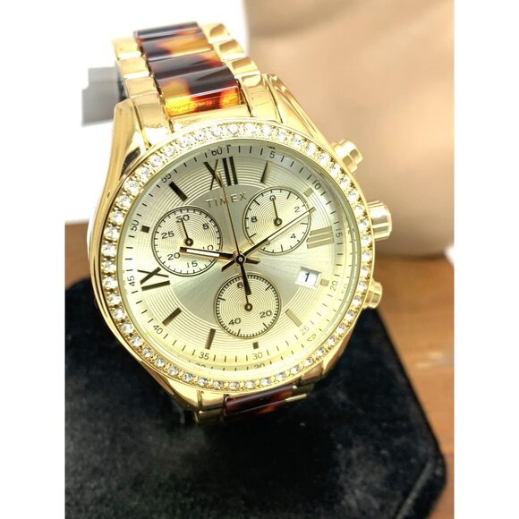 Timex Women's Watch TW2V74800 Quartz Chronograph Gold Tortoise Gemmed 38mm - Picture 13 of 14